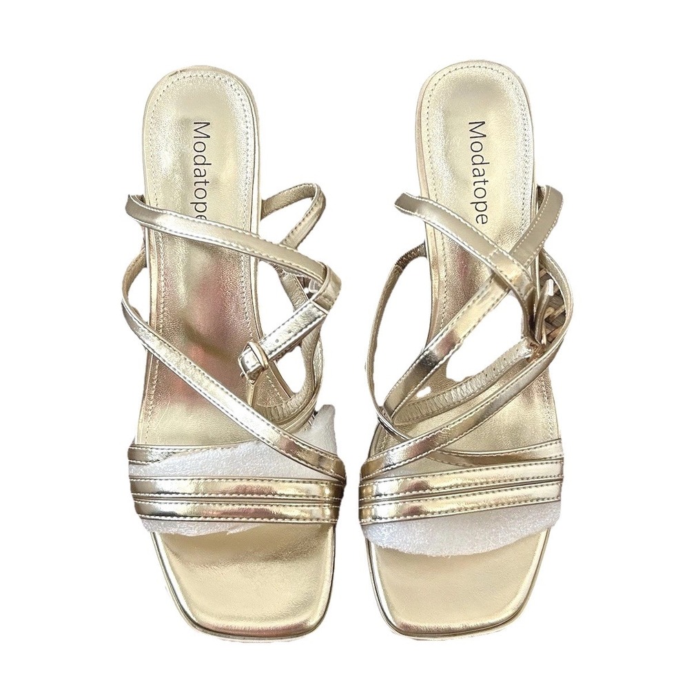 Modatope Gold Metallic Strappy Block Heel Sandals Square Toe Size 8 MT-S2214